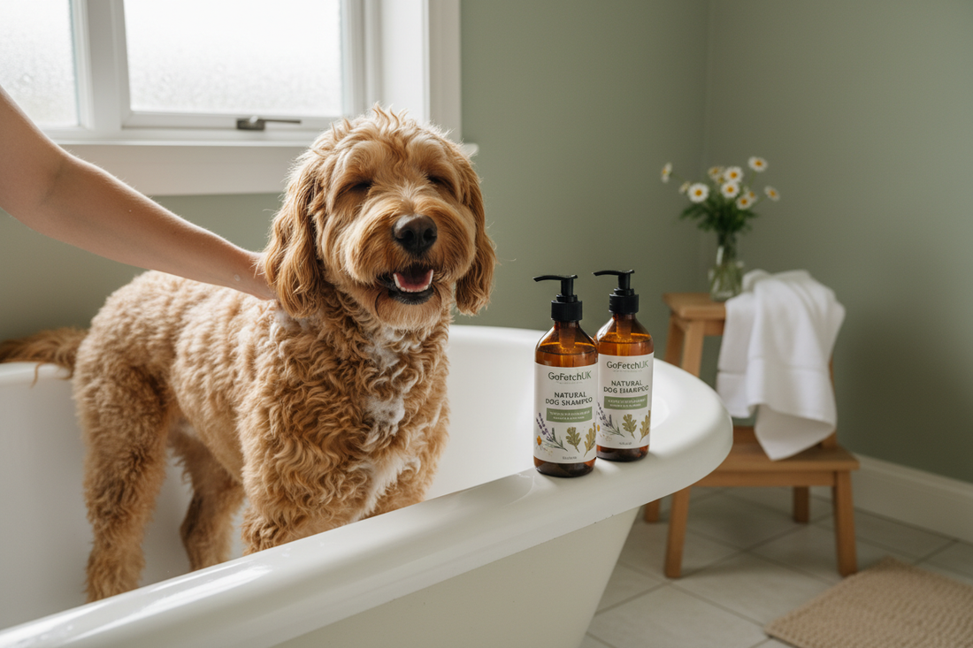 Happy dog in a bathtub with GoFetchUK products for dogs, highlighting natural pet care solutions